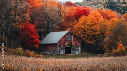 Rustic Autumn Barn in Vibrant Foliage