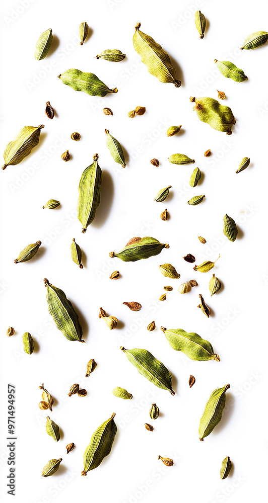Falling cardamom seeds on a white background Falling cardamom seeds on a white background