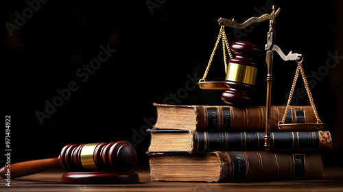 A gavel and scales of justice positioned on stacked law books, symbolizing the legal system. photo