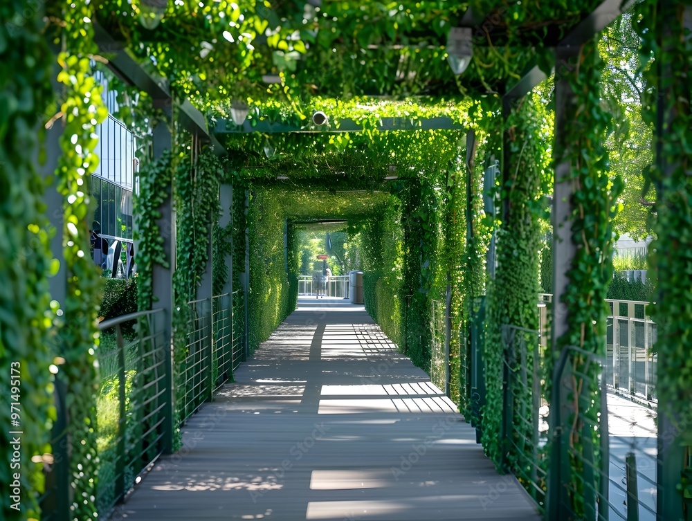 Obraz premium Lush Green Pedestrian Bridge Connecting Urban Spaces and Promoting Walkable Eco Friendly Lifestyle