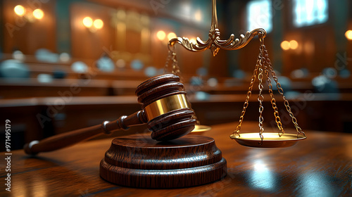 A gavel and scales of justice symbolizing law and order in a courtroom setting.