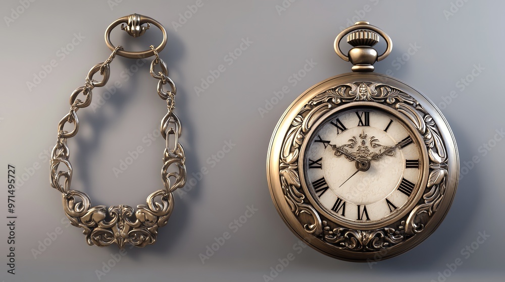 An antique pocket watch with a chain hangs against a grey background. An antique pocket watch with a chain hangs against a grey background.