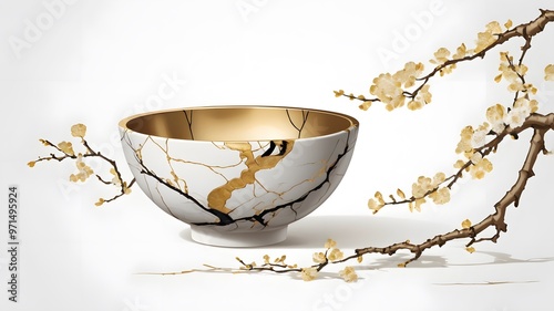 A japannese traditional cup made by popular kinstsugi design style. photo