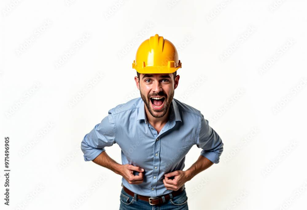 Excited Construction Worker Celebrating Success With Yellow Hardhat On White Background Excited Construction Worker Celebrating Success With Yellow Hardhat On White Background