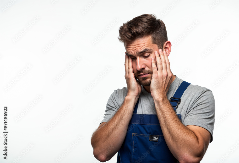 Tired handyman in workwear covering face with hands isolated on white background overworked burnout concept Tired handyman in workwear covering face with hands isolated on white background overworked burnout concept