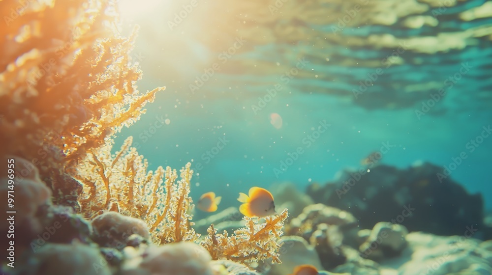 Fototapeta premium small yellow fish swim amongst radiant corals bathed in sunlight