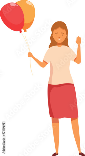 Happy young woman holding balloons and raising her hand celebrating success