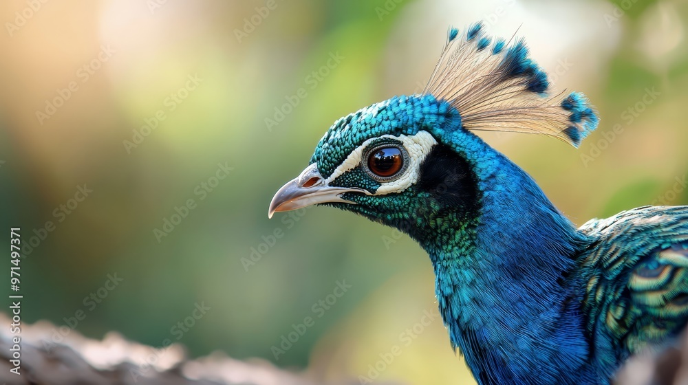 Obraz premium A tight shot of a blue bird, its head adorned with feathers, against a tree branch backdrop