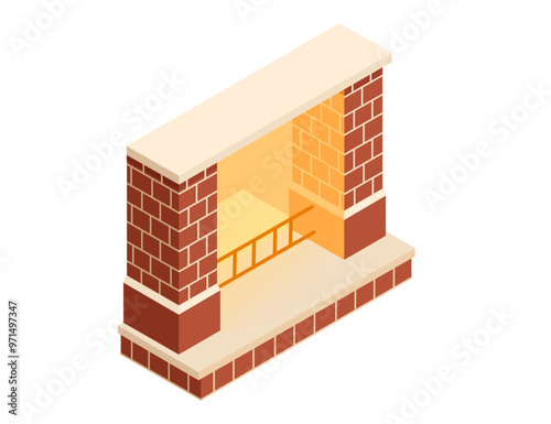 Isometric cozy fireplace made from bricks. Warm home interior decoration furnace. Vector illustration isolated on white background