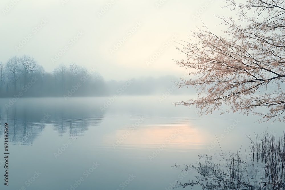 Abstract landscape of a misty lake at dawn with pastel colors Abstract landscape of a misty lake at dawn with pastel colors