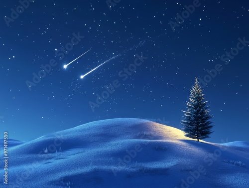 Solitary Pine Tree on Snowy Hill with Shooting Stars in Night Sky photo