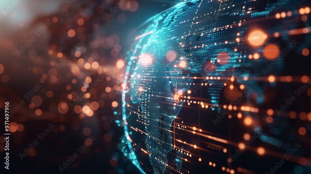 Fototapeta premium Digital globe with blockchain symbols and data lines representing global networks