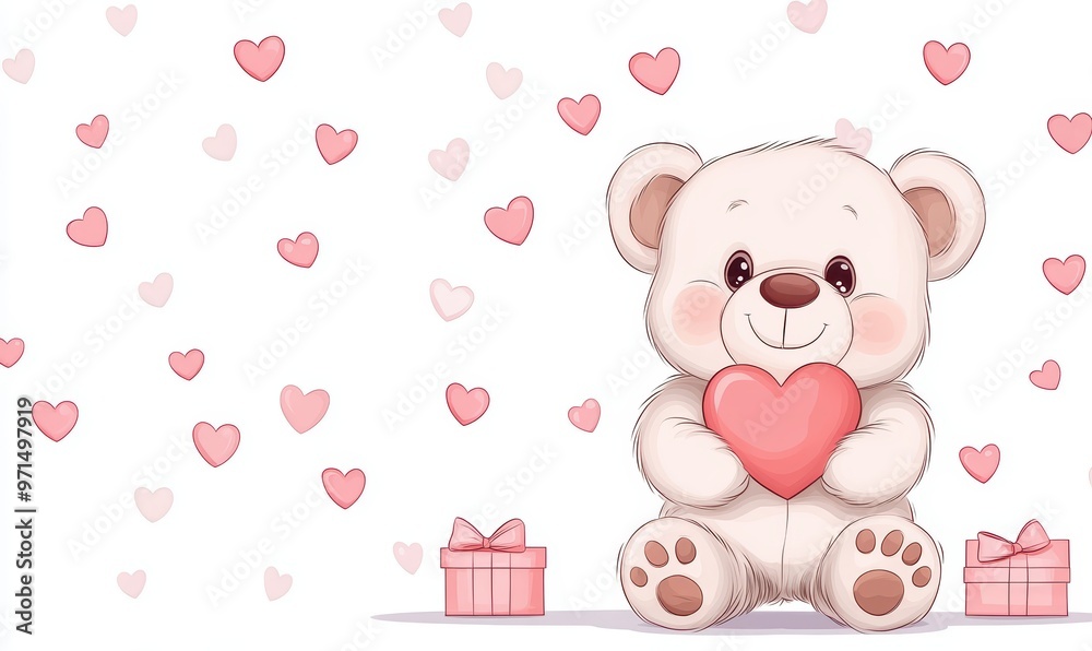 Cute teddy bear holding a heart, surrounded by pink hearts and gift boxes, perfect for Valentine's Day or baby shower decorations. Cute teddy bear holding a heart, surrounded by pink hearts and gift boxes, perfect for Valentine's Day or baby shower decorations.