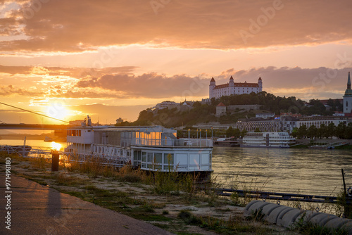 Photography sunset over Bratislava castle and Danube riverbanks