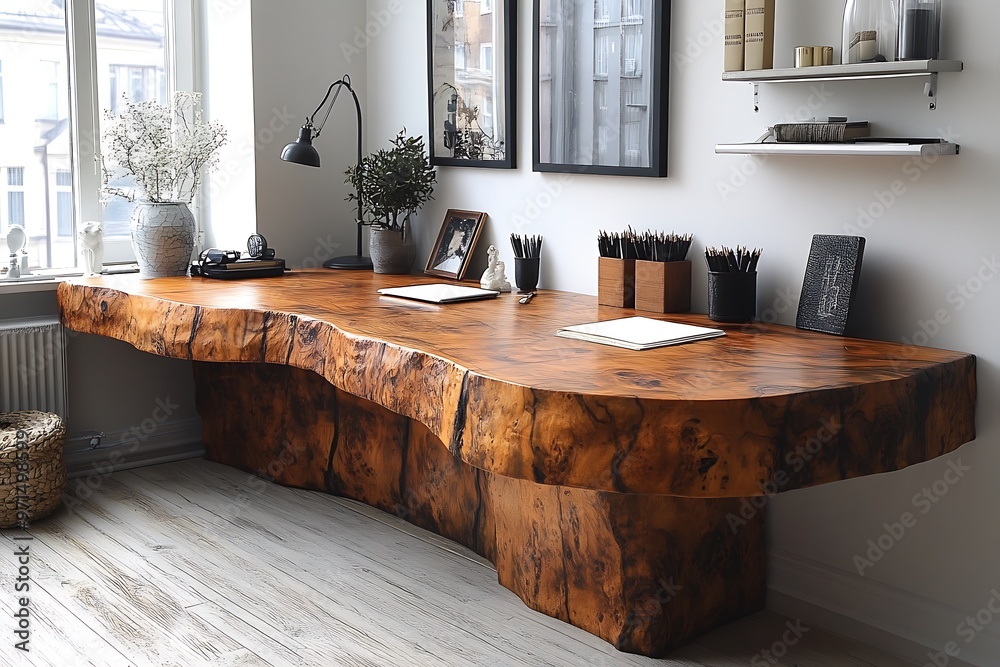 Luxurious wooden desk in a minimalist home office with natural light Luxurious wooden desk in a minimalist home office with natural light