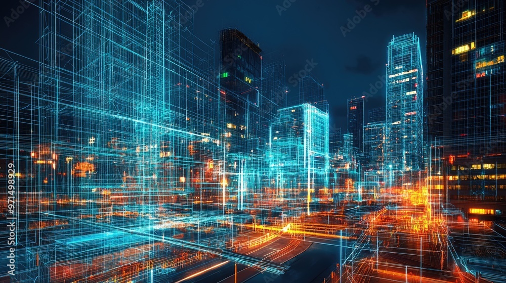 A futuristic cityscape with glowing lines and illuminated streets, depicting a concept of urban development and technological advancement. A futuristic cityscape with glowing lines and illuminated streets, depicting a concept of urban development and technological advancement.