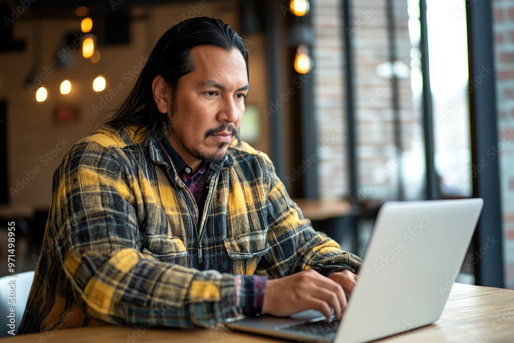Native American male entrepreneur in modern office working on laptop, remote job and education Native American male entrepreneur in modern office working on laptop, remote job and education