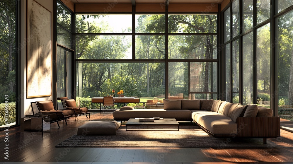 Fototapeta premium Modern Living Room with Large Windows and Sectional Sofa