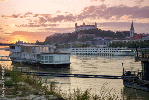 Photography sunset over Bratislava castle and Danube riverbanks