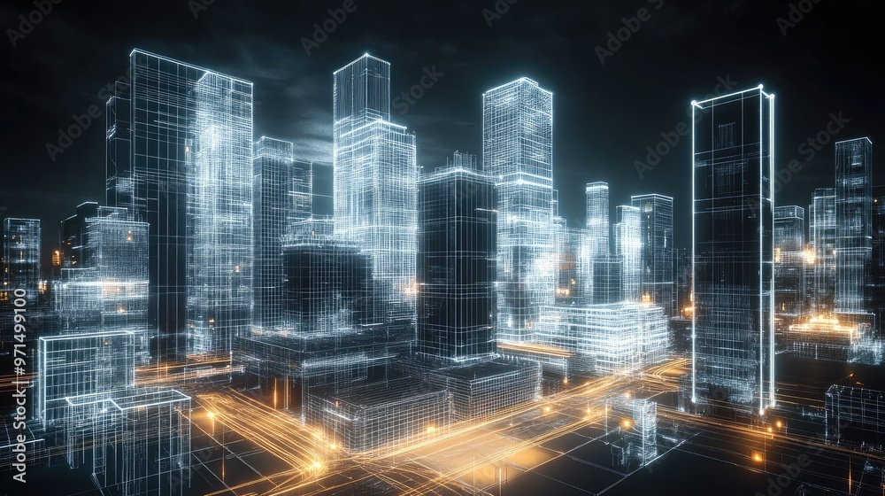 A futuristic cityscape with glowing lines and a dark background. A futuristic cityscape with glowing lines and a dark background.