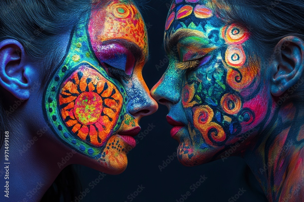 Two Beautiful women with multicolor face art on dark background with generative ai Two Beautiful women with multicolor face art on dark background with generative ai