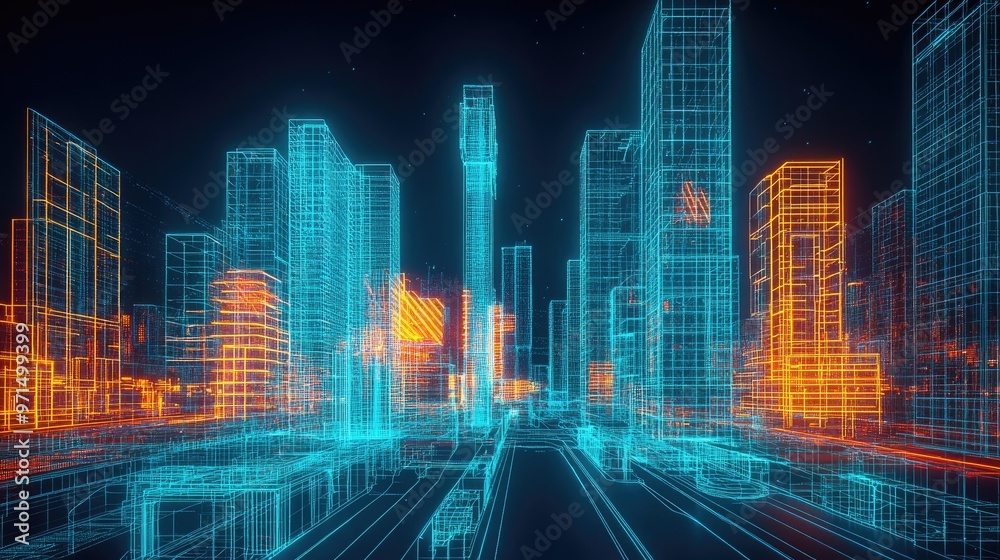 A futuristic city skyline rendered in a wireframe style with glowing blue and orange lights. A futuristic city skyline rendered in a wireframe style with glowing blue and orange lights.