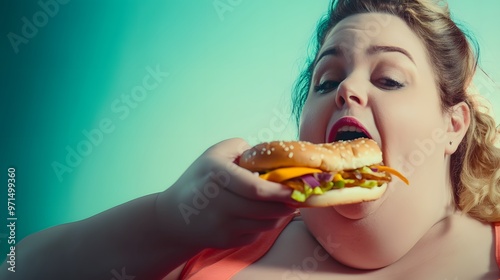 A young woman with blonde hair bites into a large hamburger. photo