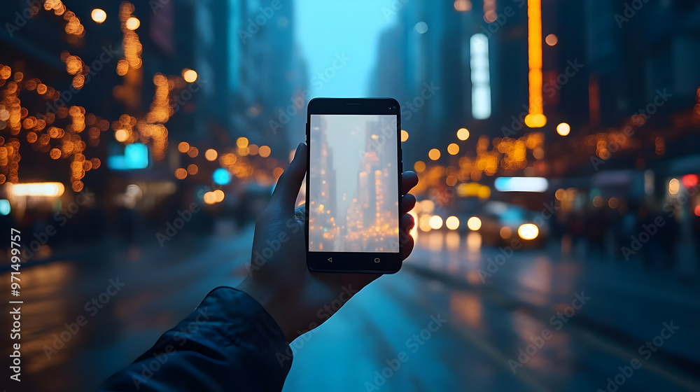 A hand holds a smartphone against a vibrant, illuminated city street at dusk. A hand holds a smartphone against a vibrant, illuminated city street at dusk.