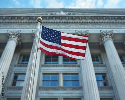 American flag waving in front of grand building, symbolizing patriotism and national pride. scene evokes sense of history and strength.