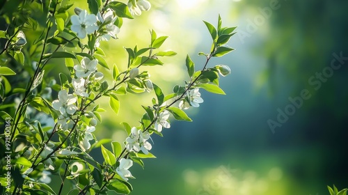  A tree branch bearing white flowers in the foreground, background trees softly blurred