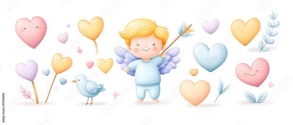 Obraz premium Adorable angel character surrounded by colorful hearts and flowers, perfect for Valentine's Day or romantic themes.
