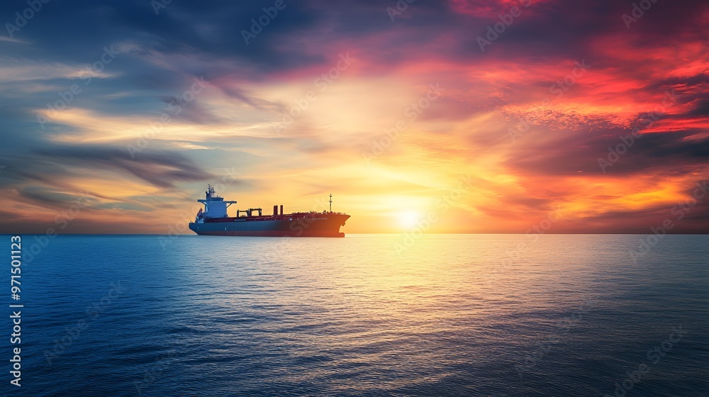Cargo ship sails through a colorful sunset.