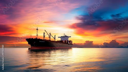 Cargo ship sails past a vibrant sunset on the open water.