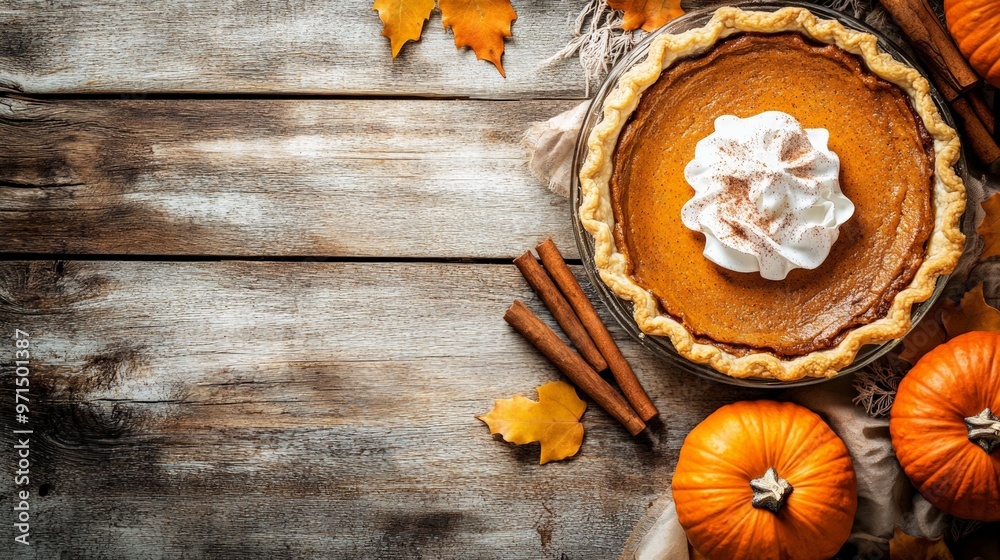 Freshly baked pumpkin pie with cinnamon sticks, whipped cream, and rustic table decor, symbolizing seasonal flavors. Freshly baked pumpkin pie with cinnamon sticks, whipped cream, and rustic table decor, symbolizing seasonal flavors.