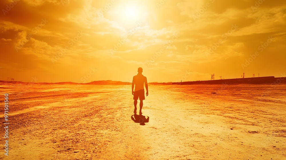 A lone man walks towards the setting sun in the desert. A lone man walks towards the setting sun in the desert.