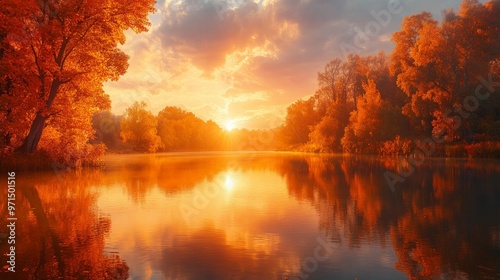 Golden hour over a calm river surrounded by autumn trees with fiery colors, reflecting serene seasonal beauty.