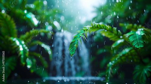 Waterfall Amidst Lush Greenery Tropical Rainf photo