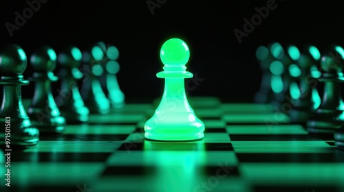 A chessboard with one glowing piece moving ahead of the others, representing the power of strategic moves and decisions to gain a competitive advantage