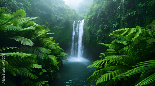 Waterfall Amidst Lush Greenery Tropical Rainf photo