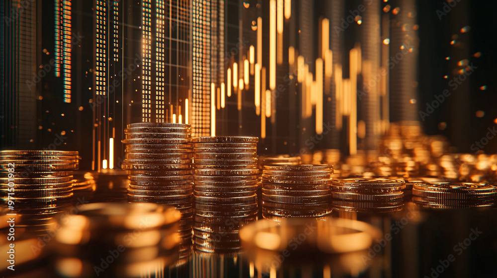 Stacks of glowing golden coins with a futuristic digital backdrop. Stacks of glowing golden coins with a futuristic digital backdrop.