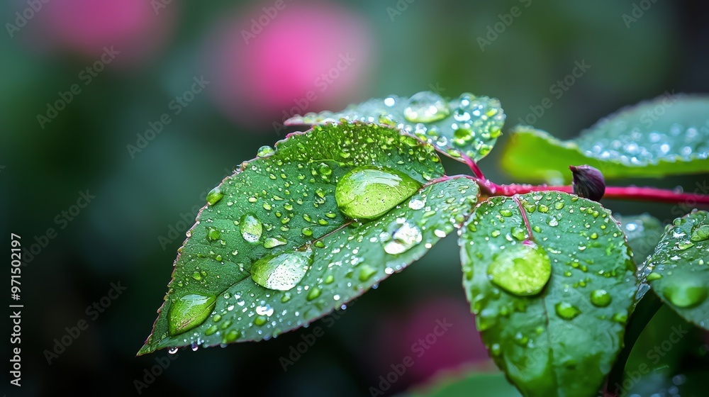 A tight shot of a green leaf dotted with water droplets, backdrop softly blurred with pink blooms A tight shot of a green leaf dotted with water droplets, backdrop softly blurred with pink blooms