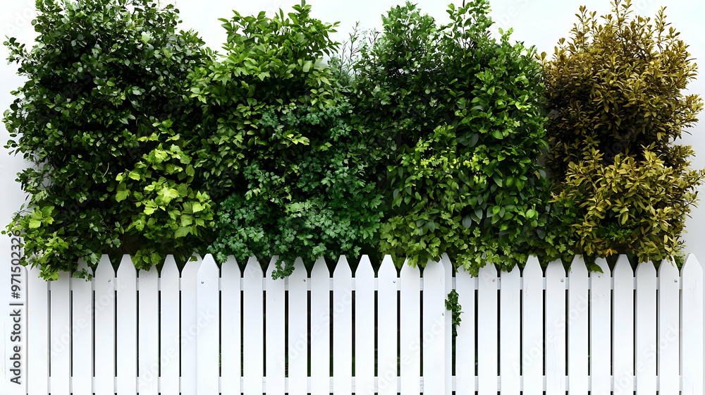 A lush hedge atop a white picket fence creates a vibrant garden scene.