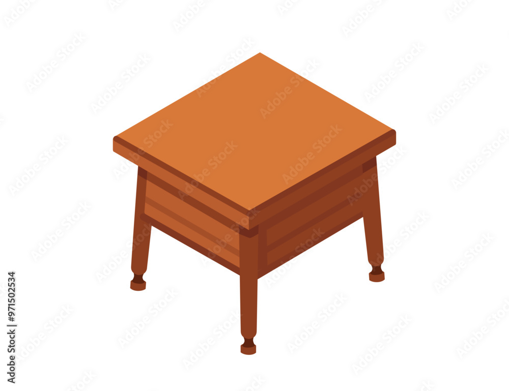 Isometric wooden bedside table. Dark brown wood surface, simple shaped desk. Vector illustration isolated on white background Isometric wooden bedside table. Dark brown wood surface, simple shaped desk. Vector illustration isolated on white background