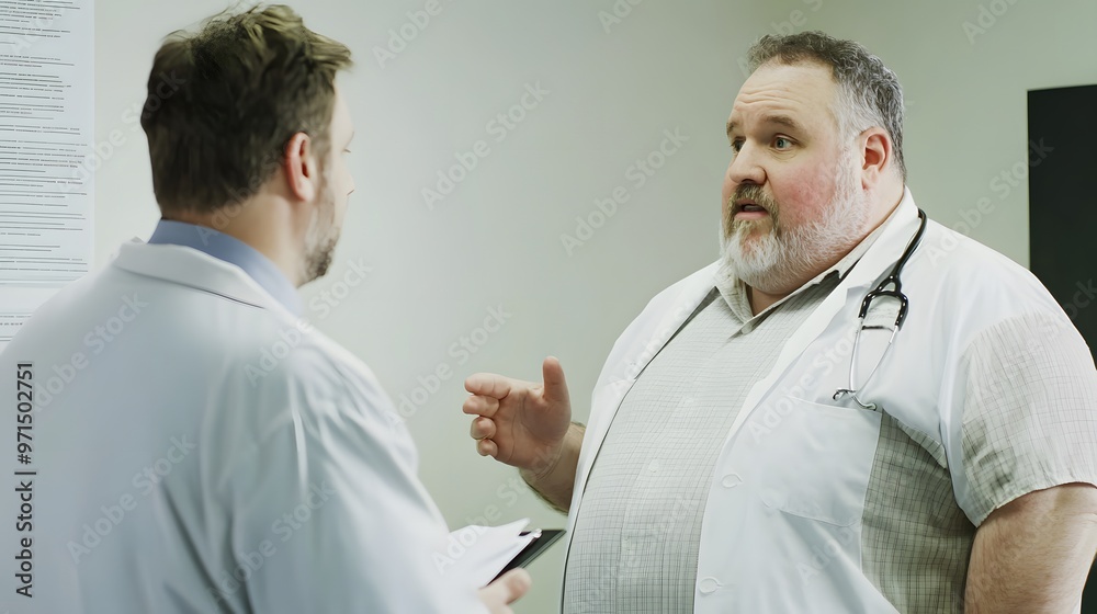 Obraz premium Two doctors discuss a patient's case in a hospital room.