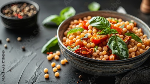 Elegant pearl couscous salad with sun dried tomatoes and fresh herbs in a stylish bowl photo