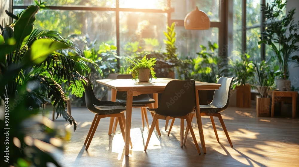 A large dining table with chairs in a modern dining room with a large window and plants. A large dining table with chairs in a modern dining room with a large window and plants.