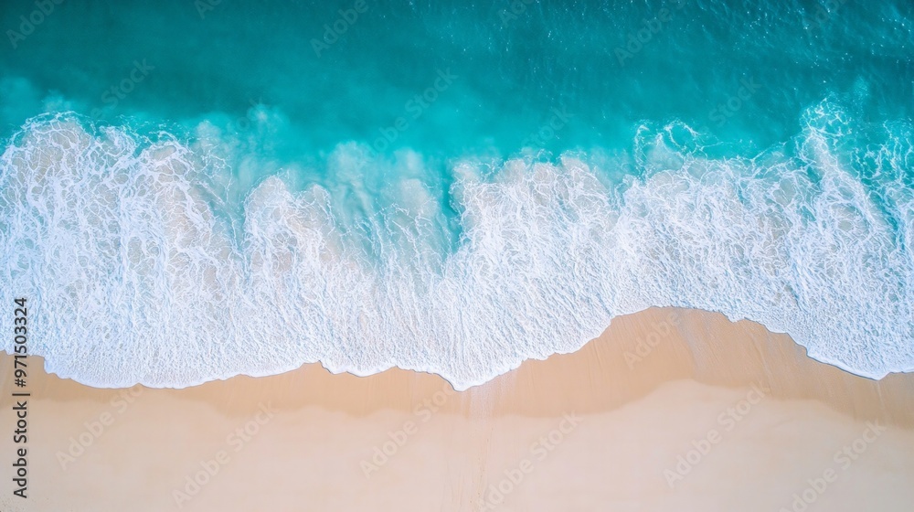 Peaceful beach with turquoise waves gently lapping on white sand, pristine and tranquil, ideal for vacation and relaxation themes. Peaceful beach with turquoise waves gently lapping on white sand, pristine and tranquil, ideal for vacation and relaxation themes.