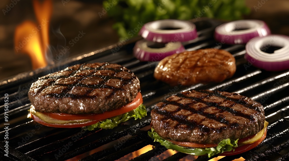 Juicy burger patties grilling on a hot grill, with onion slices. Juicy burger patties grilling on a hot grill, with onion slices.
