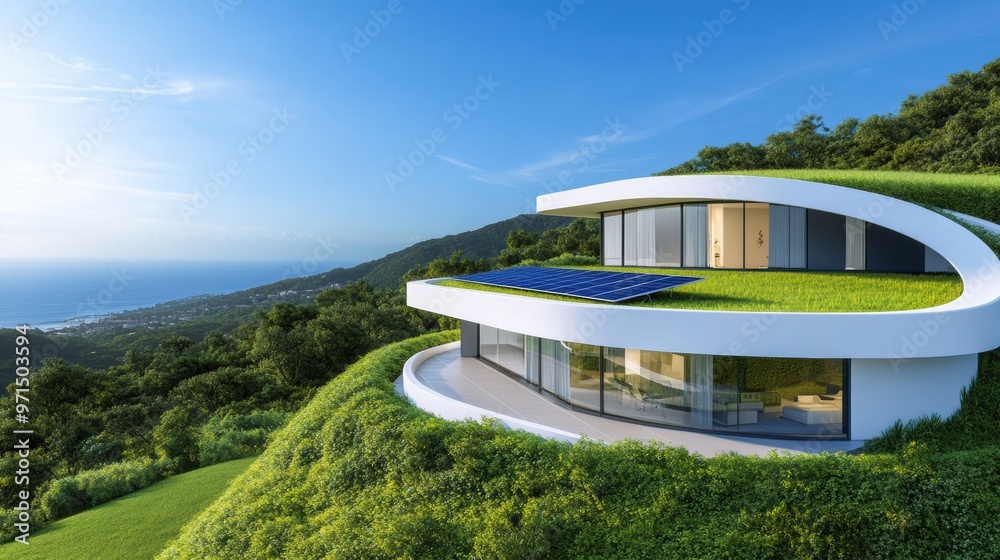 Fototapeta premium A house with a green roof on top of the hill, AI