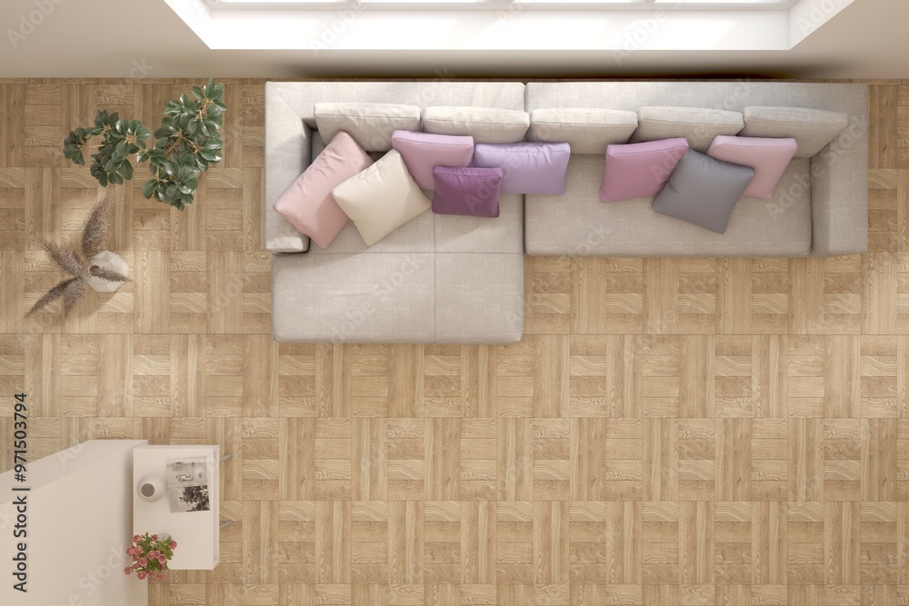Top view of white bedroom concept with concrete floor. Scandinavian interior design. 3D illustration